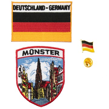 diy褲子徽章布貼 三件組明斯特地標+德國國旗刺繡+金屬胸針 布標 衣貼 熨燙布貼 臂章 肩章