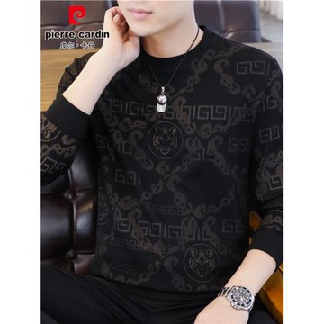 皮爾卡丹長袖T恤男春秋季提花休閑衛衣男潮牌圓領內搭上衣打底衫