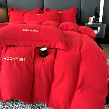 水洗棉床上四件套大紅色喜慶被套床單春秋季家用單雙人床品三件套