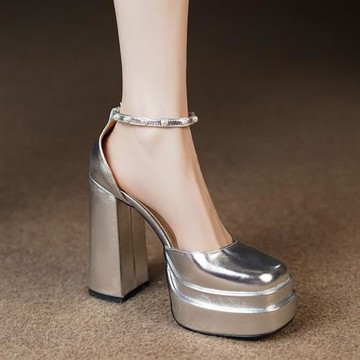 真皮包頭高跟鞋女夏季新款防水臺超高跟復古圓頭一字帶粗跟涼鞋