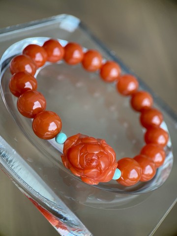 天然南紅瑪瑙 牡丹花 高品滿色 櫻桃紅 手串手鏈 10mm