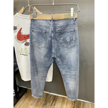 淺色微錐小腳九分褲2025夏季補丁破洞牛仔褲男潮牌字母刺繡哈倫褲