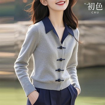 初色 新中式POLO領拼接盤扣針織衫上衣女上衣-灰色-38708(F可選)