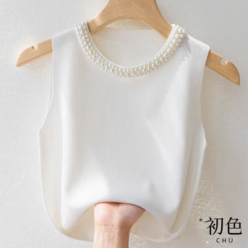 初色 冰絲涼感釘珠拼接小香風無袖針織背心上衣-共2色-33619(F可選/現貨+預購)