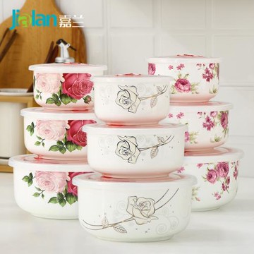 嘉蘭陶瓷碗微波爐飯盒便當盒密封保鮮碗三件套裝帶蓋微波爐泡面碗