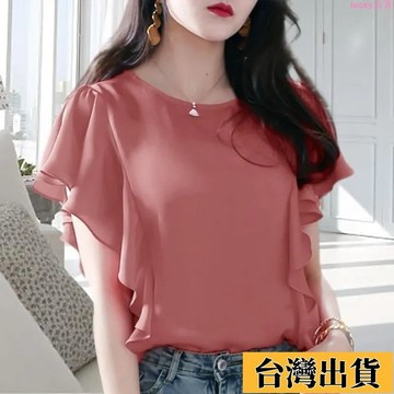 🌟新店優惠🌟大尺碼女裝 女裝氣質荷葉邊雪紡衫短袖夏季新款大碼寬鬆顯瘦T恤遮肚子上夏季寬鬆顯瘦百搭遮肚上衣女潮