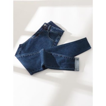 深藍加薄絨牛仔小腳褲女2025秋冬新款彈力緊身抓絨保暖九分鉛筆褲