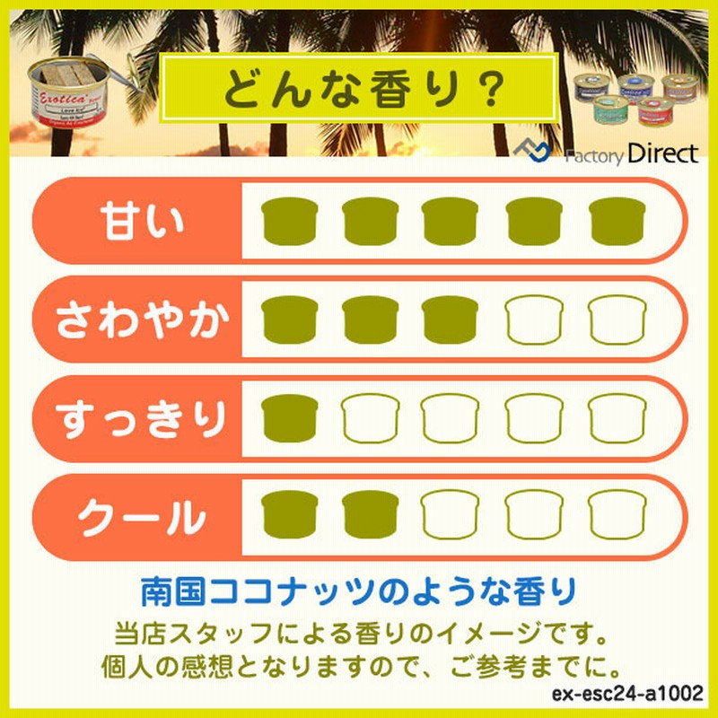 Exotica Freshener(エキゾチカフレッシュナー) ex-esc24-a1002-ココナッツ(172007) EXOTICA エキゾチカ  オーガニック香りの缶詰 エアフレッシュナー 芳香剤 香り調整ふた付(正規輸入品) 通販 LINEポイント最大5.0%GET | LINEショッピング