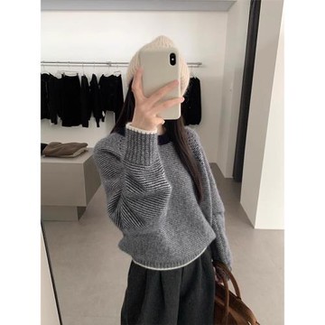 撞色條紋圓領加厚套頭大毛衣女秋冬外穿寬松慵懶風軟糯針織衫上衣