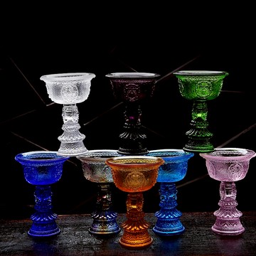 佛堂圣物密宗七寶琉璃高腳八吉祥酥油燈座供水碗燭臺油燈佛前八供