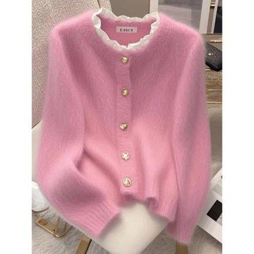 粉色蕾絲拼接毛衣開衫外套女春季奶fufu溫柔氣質寬松遮肉針織上衣