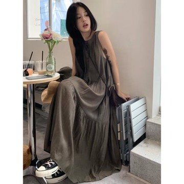 PPHOME慵懶松弛感背心裙女夏季小眾褶皺寬松連衣裙度假風a字長裙