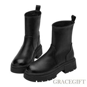 【Grace Gift】百搭人氣圓頭鬆糕厚底顯瘦短靴 黑