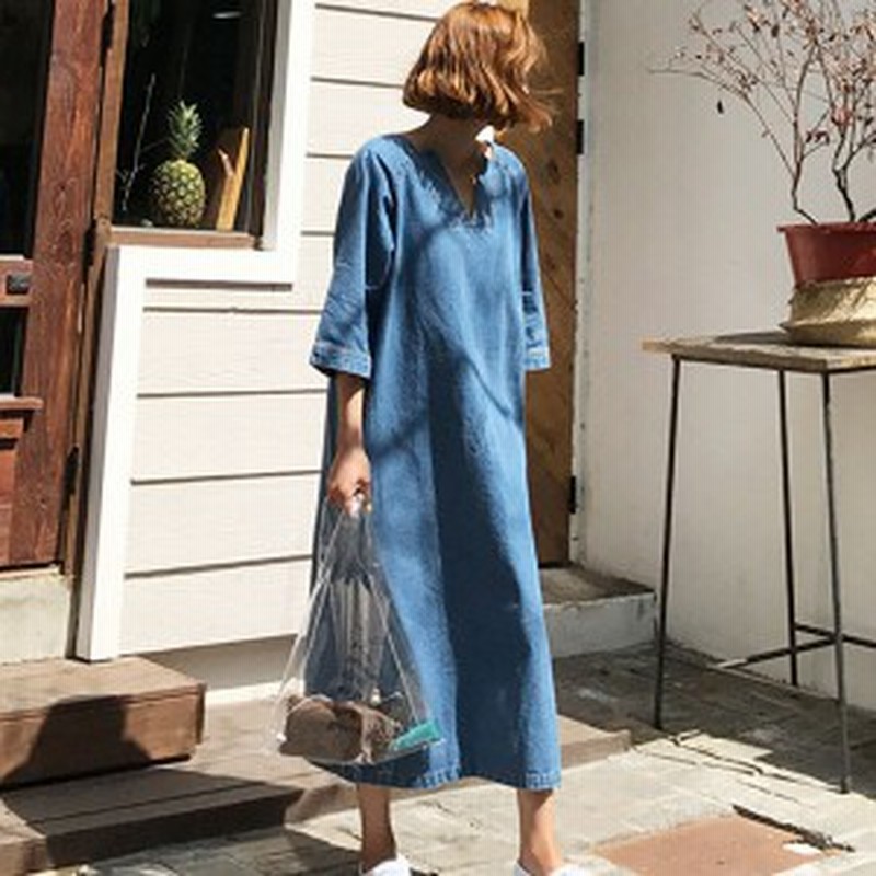 デニムワンピース ロング丈 きれいめ Vネック デニムワンピ 可愛い ゆったり ぽっちゃり 通勤 春秋 レディース 30代 40代 女子会 おでか 通販 Lineポイント最大get Lineショッピング