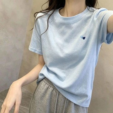 100kg女生短袖T恤 雪花棉藍色愛心刺繡短袖t恤女夏季新款寬松遮肉顯瘦時尚休閑上衣