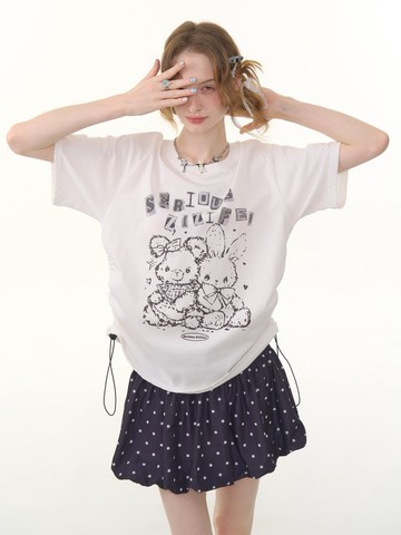 ziziFei夏美式復古設計感兔子印花上衣抽繩白色圓領寬松短袖t恤女