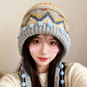 🚚臺灣出貨💨費爾島復古針織包頭帽子女款2025新款多巴胺顯臉小保暖防寒毛線帽
