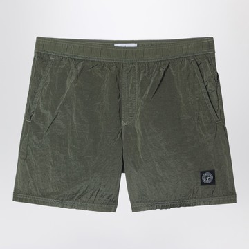 Military green nylon swim shorts