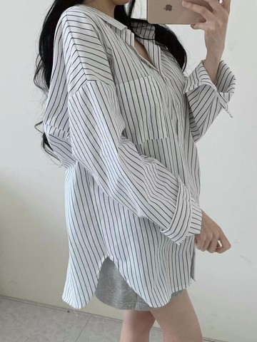 韓國東大門正品 綁帶腰身 寬鬆顯瘦 男友長版大尺碼 條紋襯衫