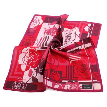 LANVIN 經典燙金LOGO玫瑰撞色純綿帕巾-粉色/深紅