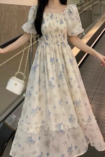 Chubchic~法式溫柔超仙碎花連衣裙女夏季胖妹妹大碼收腰顯瘦過膝中長裙子