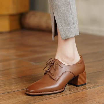 粗跟單鞋女春秋法式方頭復古小皮鞋百搭英倫風深口系帶真皮高跟鞋