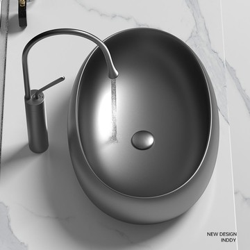 台灣公司貨 免運 金屬感槍灰色橢圓形臺上盆陶瓷洗臉盆家用洗手盆衛生間小尺寸臺盆 快速發貨