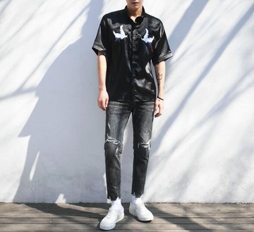 FINDSENSE MD 日系 時尚 潮 男 仙鶴刺繡 動物圖案 短袖POLO衫 短袖T恤 特色短T