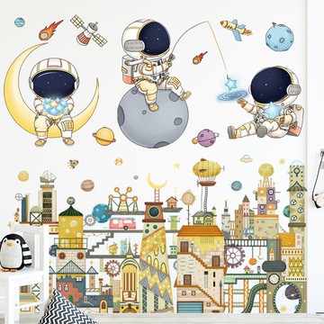 可移除墻貼卡通宇航員天空星空飛船火箭幼兒園兒童房墻壁貼紙裝飾