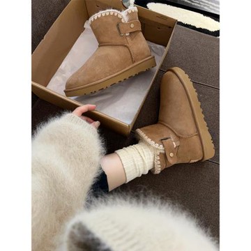 編織雪地靴女款2025新款冬季羊皮毛一體防滑保暖短筒加厚平底靴子