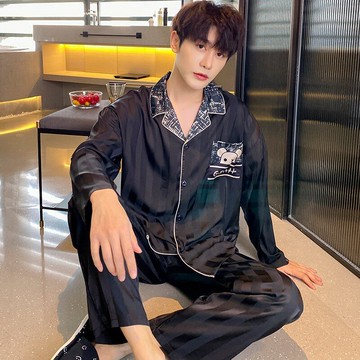 睡衣男士春夏薄款韓版冰雪絲長袖長褲套裝男款開衫大碼情侶家居服