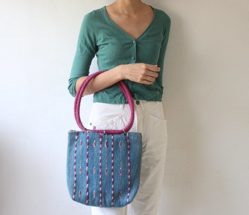 FOAK古著 早期藍紅色羊毛手工編織包