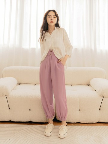 S小腰精．雪紡素色高腰鬆緊九分縮口褲