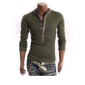 外貿秋季男士歐美風V領直排扣男士假兩件修身長袖T恤 男款打底衫