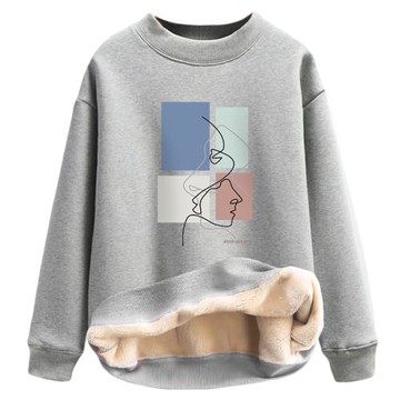 加厚絨保暖衛衣女圓領羊羔絨上衣長袖仿羊羔毛無帽打底衫灰色冬季