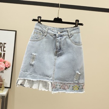 品牌折扣店商場專柜撤柜女裝尾貨清倉夏裝高腰刺繡破洞牛仔半身裙