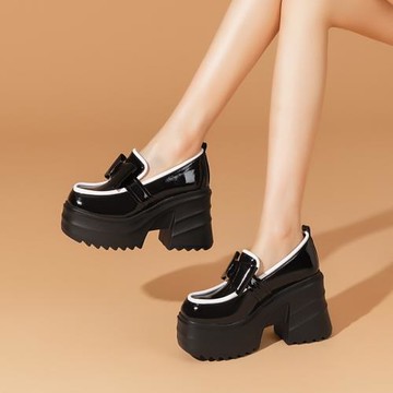 10CM厚底高跟女鞋春季新款真皮漆皮蝴蝶結單鞋方頭高跟鞋粗跟鞋子