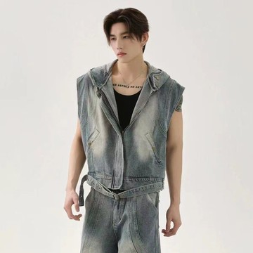 連帽牛仔馬甲百搭 春秋季大尺碼短版馬夾背心帶帽休閒外搭無袖無袖