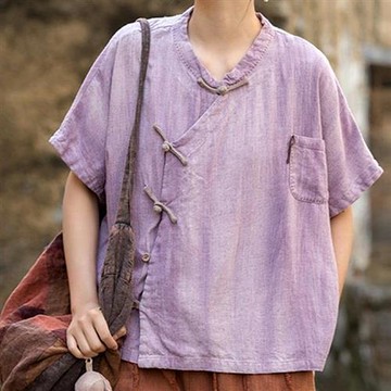 【米蘭精品】現貨+預購 新中式罩衫棉麻襯衫手工亞麻上衣夏季女裝大尺碼-短袖手縫線盤扣女上衣3色74lw63