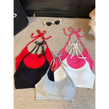 夏季掛脖吊帶沙灘度假風綁帶百搭罩衫短款背心女帶胸墊抹胸內衣女