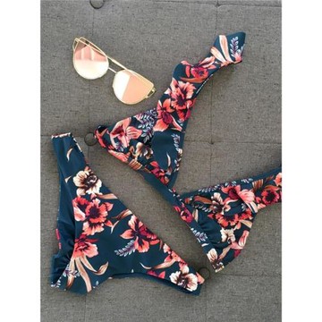 歐美印花比基尼 碎花菠蘿荷葉邊泳衣女性感小胸綁帶bikini泳裝