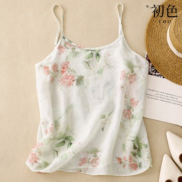 初色 碎花印花棉麻風夏季文藝寬鬆吊帶小背心上衣-白色-34798(M-2XL可選)