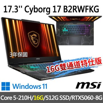 msi微星 Cyborg 17 B2RWFKG-263TW(Core 5-210H/16G/512G SSD/RTX5060-8G/W11)