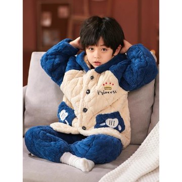 男童三層夾棉兒童睡衣冬款加厚款男孩法蘭絨寶寶珊瑚絨冬季家居服