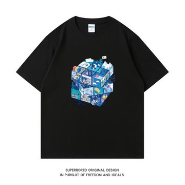 夏季藍色魔方印花純棉短袖T恤男女學生青少年寬松休閑半袖體恤