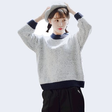 慵懶風毛衣女韓版秋季新款寬松復古小清新甜美套頭圓領針織衫1入