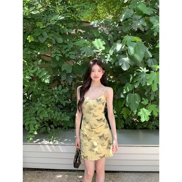 alex stevens蝴蝶印花吊帶連衣裙短裙女夏季修身顯瘦純欲包臀裙子