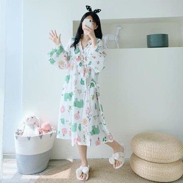 加大碼純棉雙層紗漢服睡裙夏季開衫睡袍寬松孕產婦胖MM日系家居服