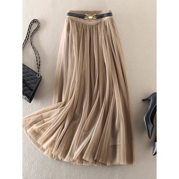 法式高級感小眾高腰網紗半身裙女秋冬季小個子a字中長款百褶裙子