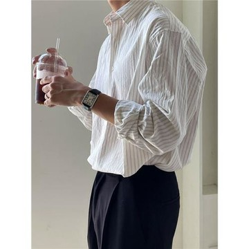 韓版高級感痞帥豎條紋襯衫男長袖春秋季休閑寬松夏防曬襯衣外套潮